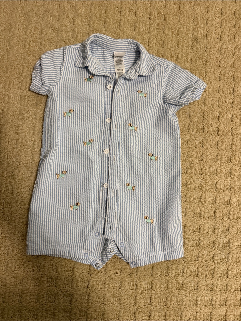 Blue & White Striped Baby One-Piece with dog Embroidery